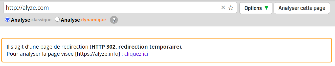 Alyze.com : redirection temporaire